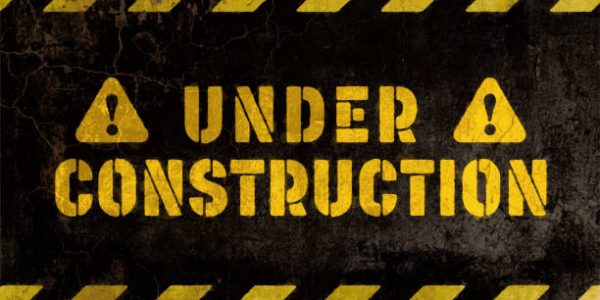 Under construction, repair work sign, warning line, grunge street art mural on a concrete wall background. Vector illustration.